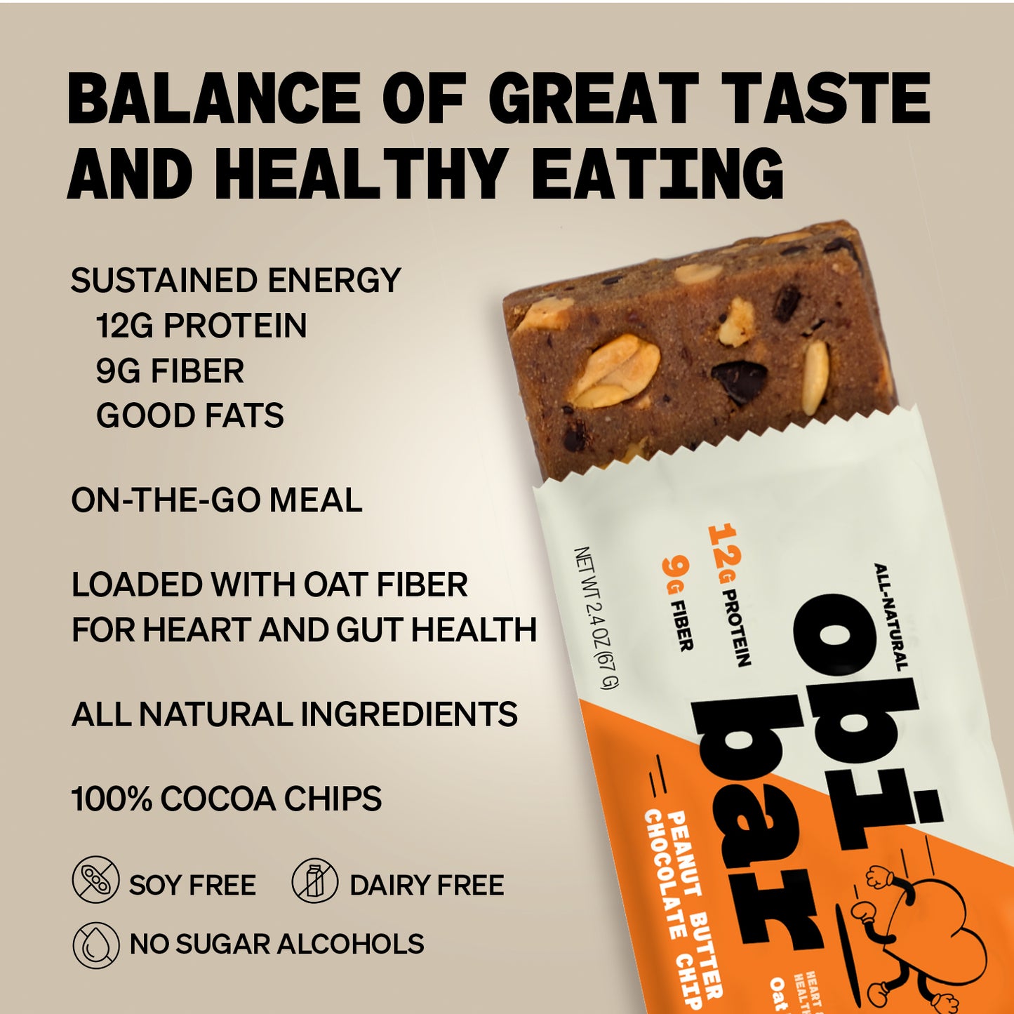 Obi Bar Peanut Butter Chocolate Chip - Protein and Oat Fiber Bar | All Natural | Subtle and Lightly Sweet Taste | Meal Bar | Heart and Gut Health | Low Glycemic | 100% Cocoa Chips | 2.4oz, 12 pack | Loaded with Peanuts | Soy Free, Dairy Free