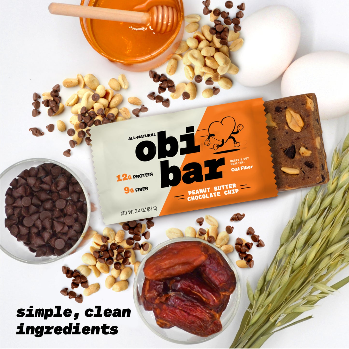 Obi Bar Peanut Butter Chocolate Chip - Protein and Oat Fiber Bar | All Natural | Subtle and Lightly Sweet Taste | Meal Bar | Heart and Gut Health | Low Glycemic | 100% Cocoa Chips | 2.4oz, 12 pack | Loaded with Peanuts | Soy Free, Dairy Free