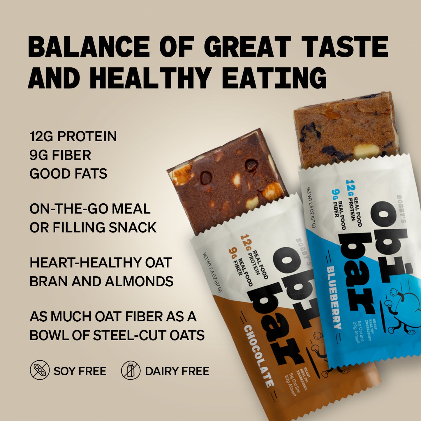 Obi Bar Sampler - Protein and Oat Fiber Bar | All Natural | Subtle and Lightly Sweet Taste | Meal Bar | Heart and Gut Health | Low Glycemic | 6 Chocolate and 6 Blueberry | Almond Chunks | 2.4oz, 12 pack | Soy Free, Dairy Free