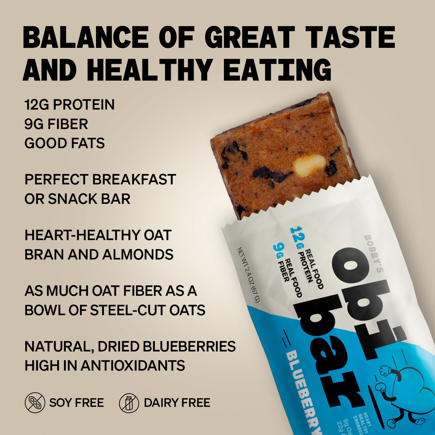 Obi Bar Blueberry - Protein and Oat Fiber Bar | All Natural | Subtle and Lightly Sweet Taste | Meal Bar | Heart and Gut Health | Low Glycemic | Natural Blueberries | Almond Chunks | 2.4oz, 12 pack | Soy Free, Dairy Free | Breakfast Bar